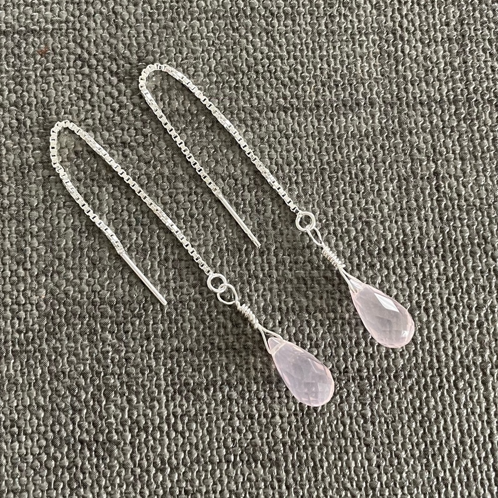 NWT Natural Rose Quartz Briolette Tear Drop Sterling Silver Earrings